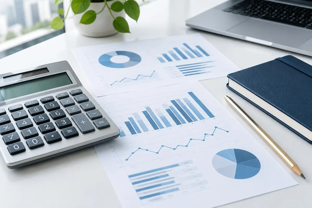 Illustrative accounting workspace with financial charts and calculator