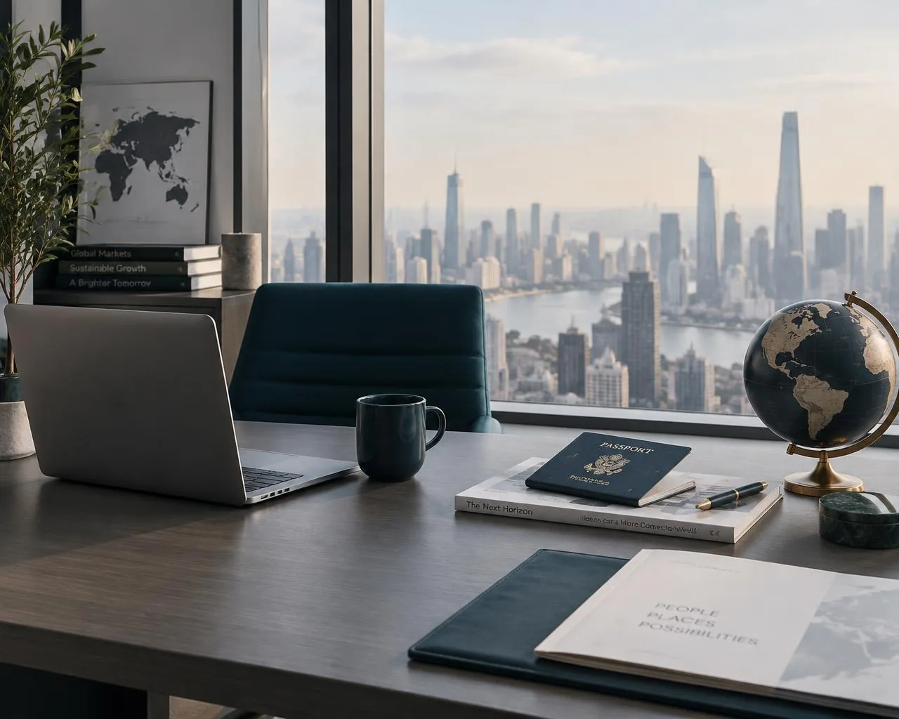 Globe and business documents on an office desk overlooking a city